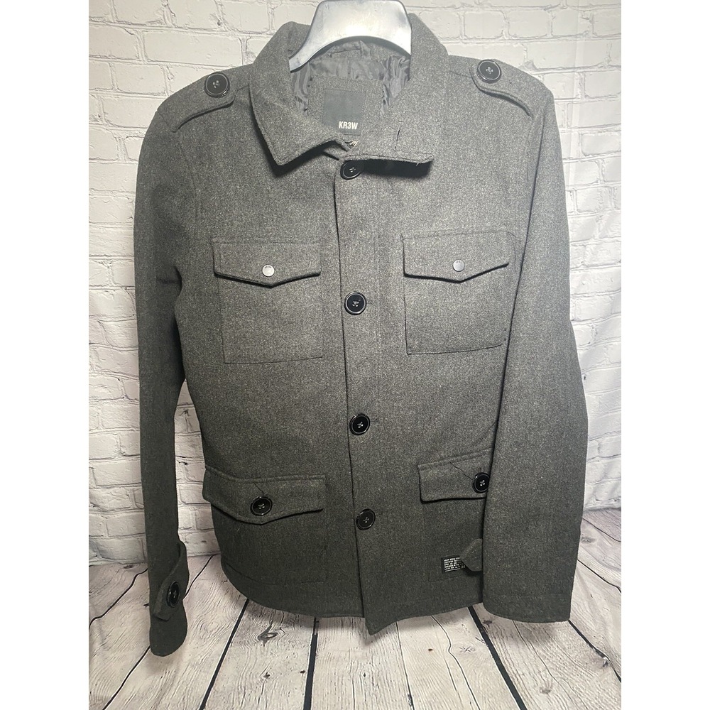 Krew Pea coat military full zip button mens black moto medium